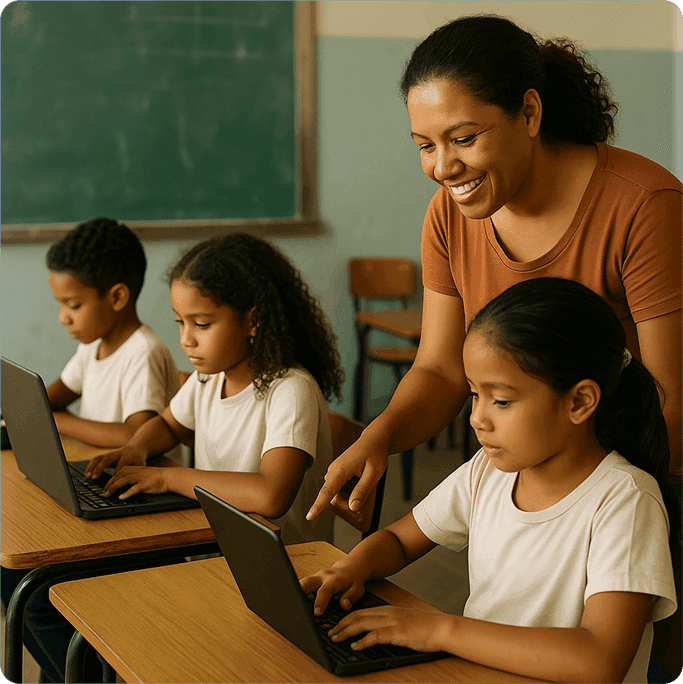 Professora ajudando alunos com tecnologia
